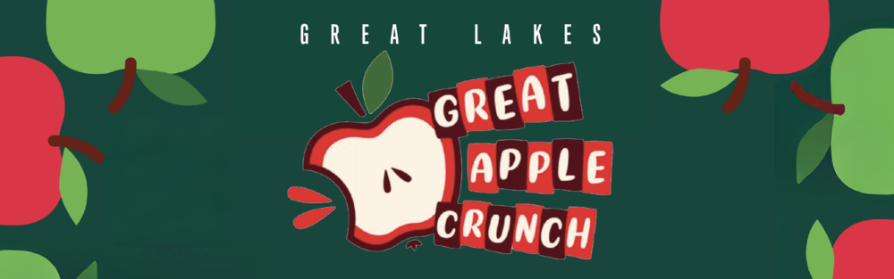 Dark green with red and light green apples and text, Great Lakes Great Apple Crunch