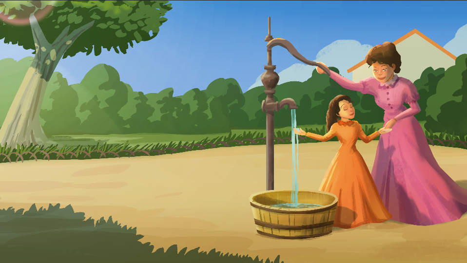 Helen Keller with teacher at the water pump