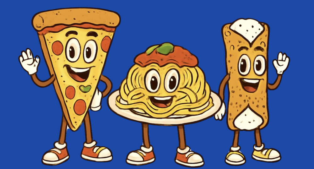 pizza, plate of spaghetti, and a cannoli with faces and tennis shoes waving