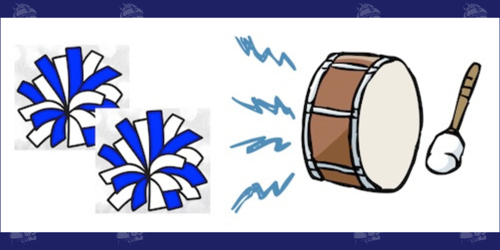 blue and white pompoms and a bass drum