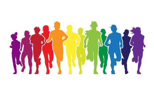 Multicolor silhouettes of running people