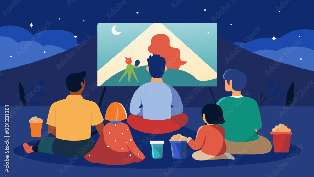 Families on blankets watching a movie outdoors Adobe Stock #801231281