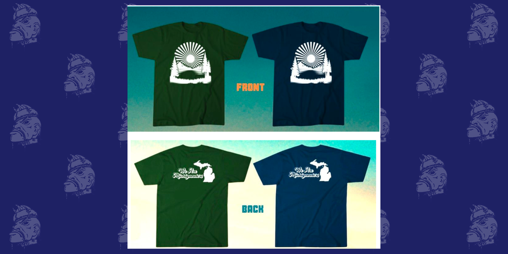 Navy blue background with tartars, picture of front and back of t shirts
