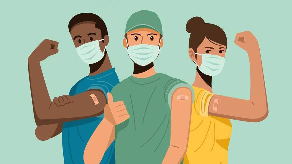 Three people showing off vaccine bandages
