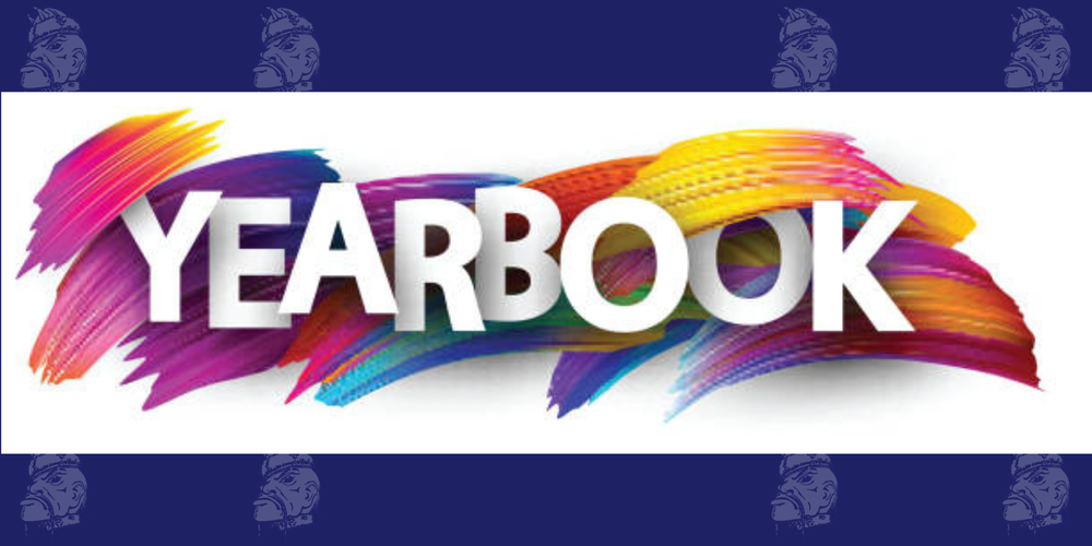 Text: Yearbook with colorful brush strokes behind it.