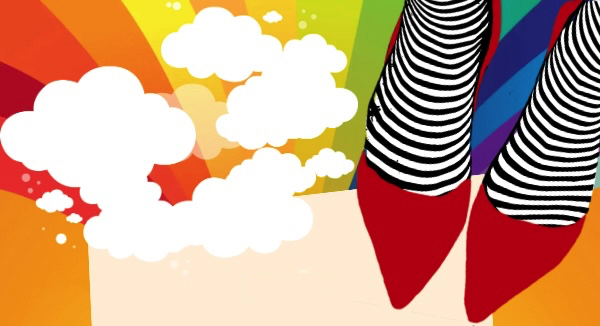 striped socks with red shoes with a background of a rainbow and clouds. 