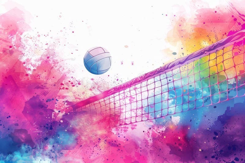 colorful swirls of color with volleyball going over a net