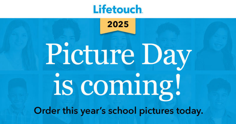 Text Lifetouch 2025 Picture Day is coming! Order this year's school pictures today on a blue background