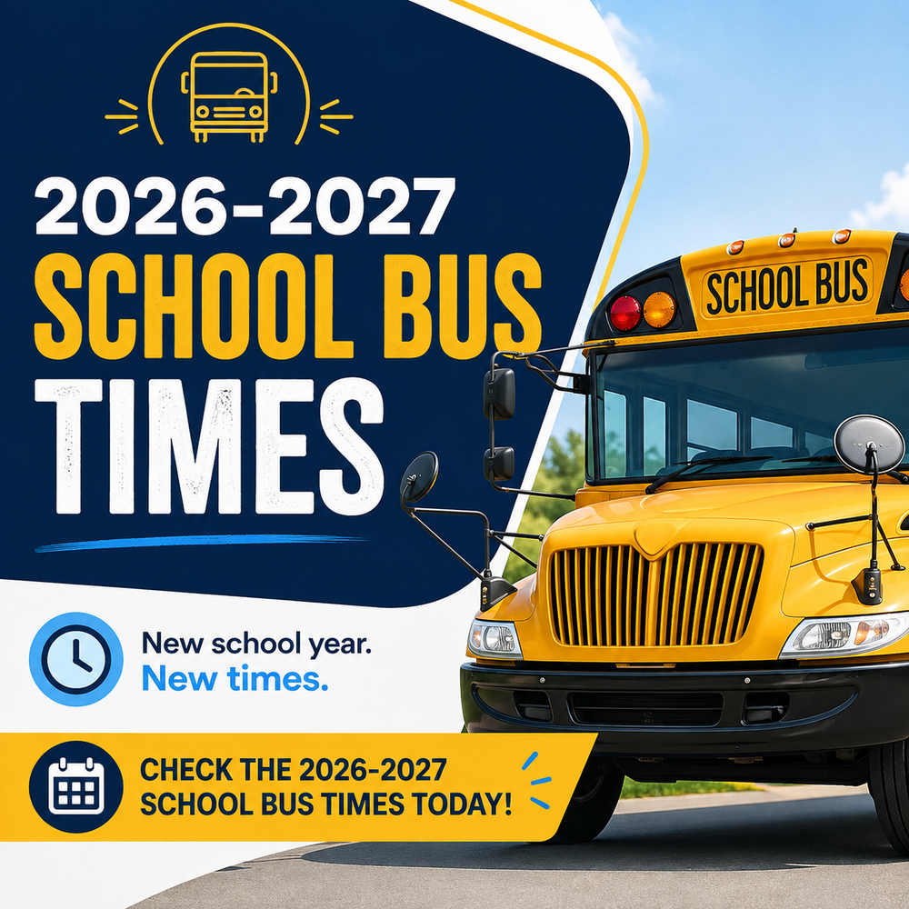 Yellow bus with the words referring to new school year and times