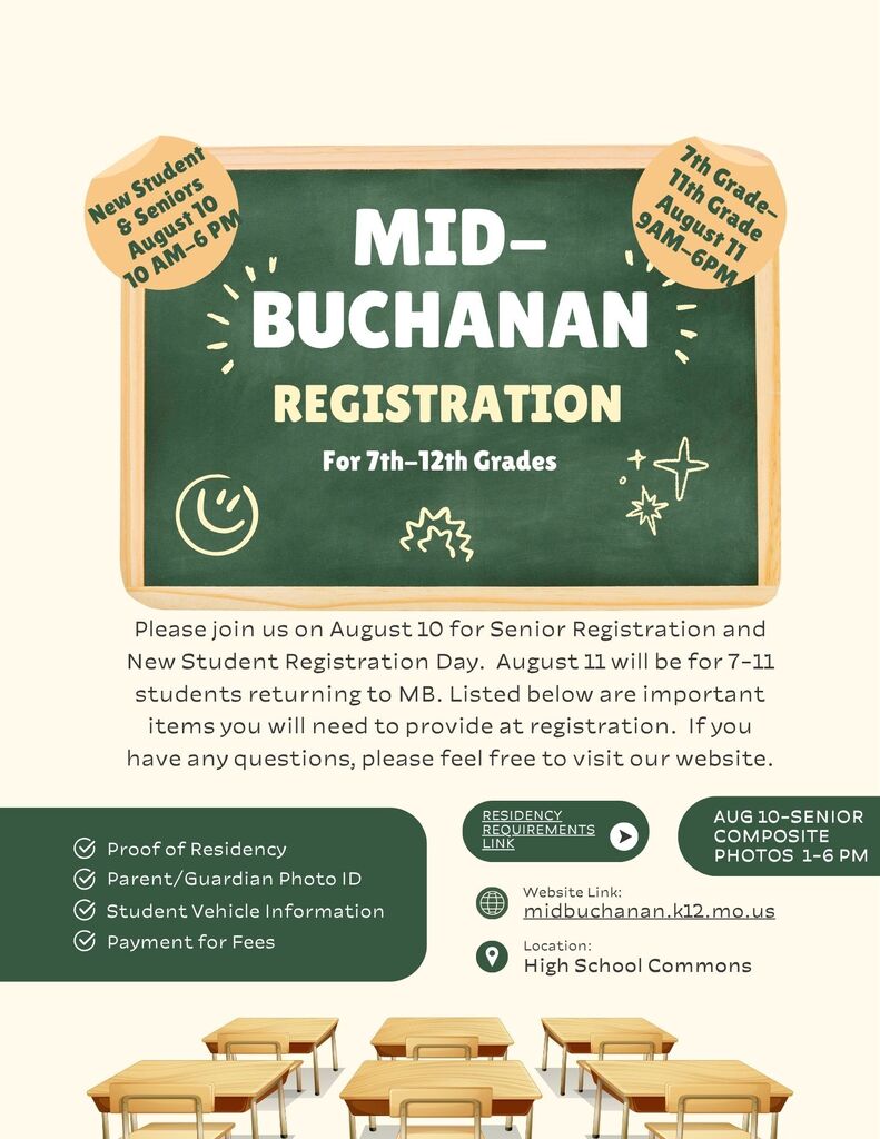 Graphic with desks and a chalkboard with information about 7th-12th grade school registration.