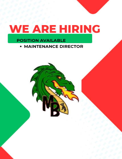 Red, green, and white hiring graphic with MB Dragon 