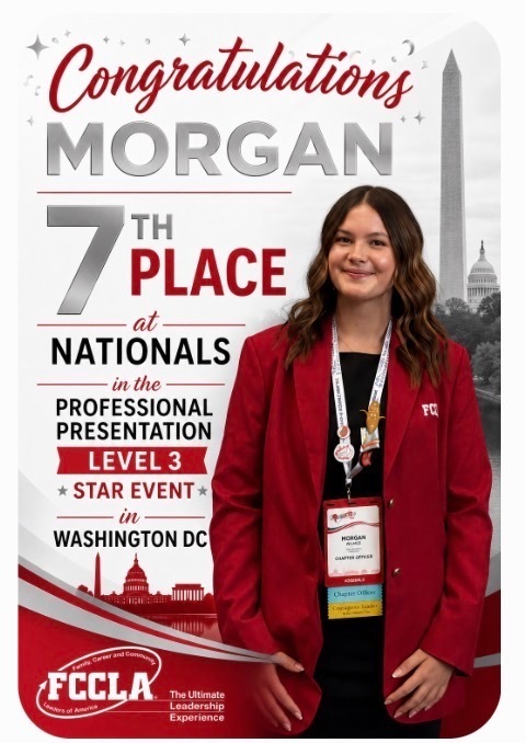 Red and white graphic with the Washington Monument and Capital building the back ground. Student in a red jacket and black dress representing her finish at the National Level in Washington D.C.
