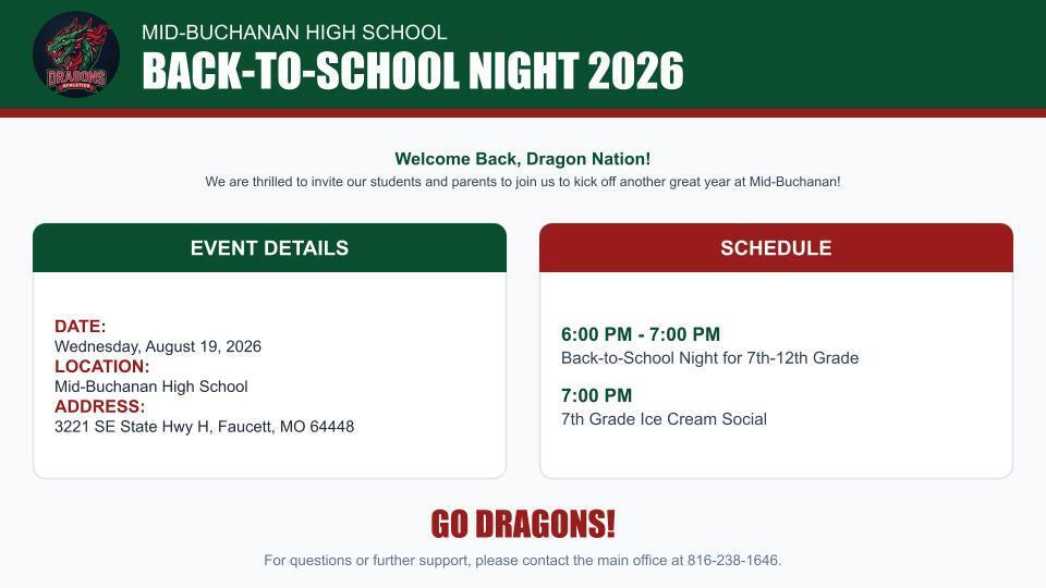 Image with back to school night information including: Wed., Aug 19 6-7pm for 7th-12th and the 7th grade Ice cream social at 7pm