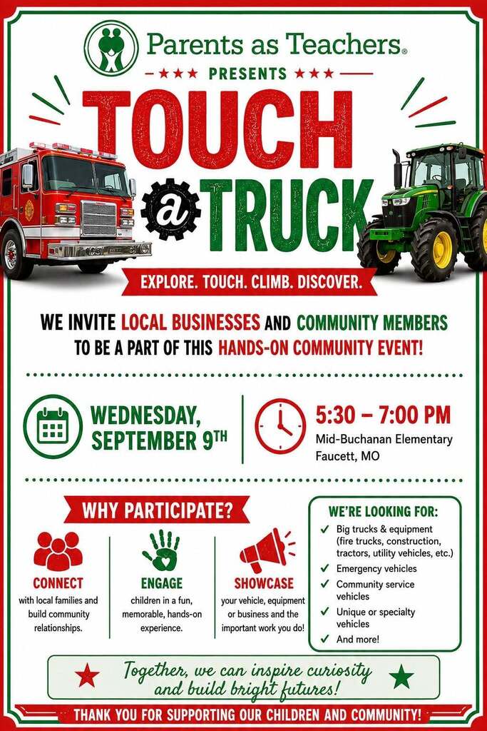 Parents as Teachers presents Touch a Truck. We invite local businesses and community leaders to be a part of this hands on community event. Wednesday Sept 9th 5:30-7:00 pm