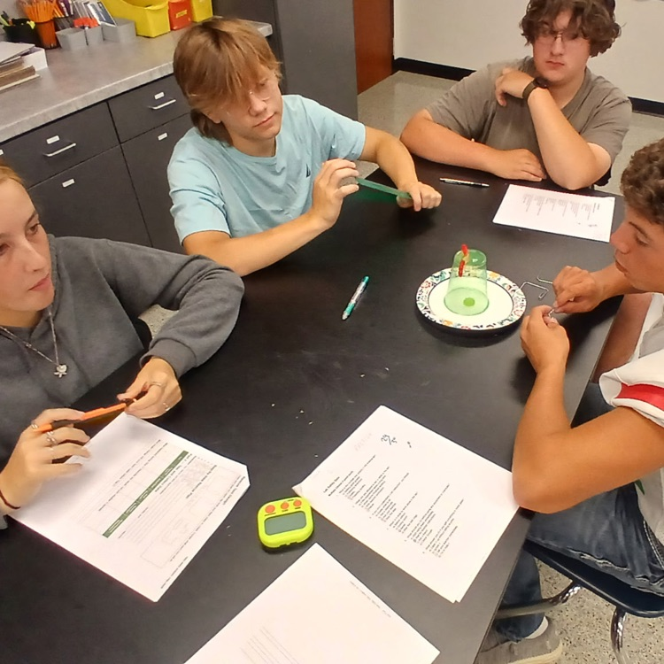 4 students in science class working together at a table