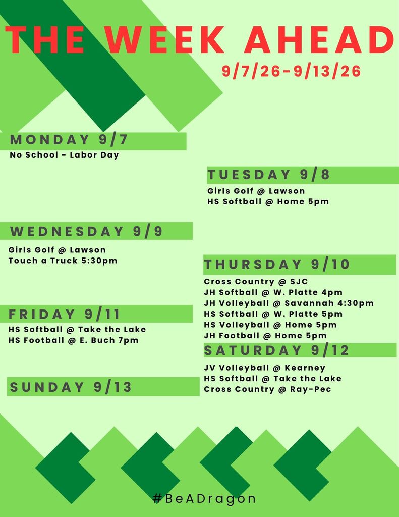 Green flyer with red and black lettering with schedule for the week