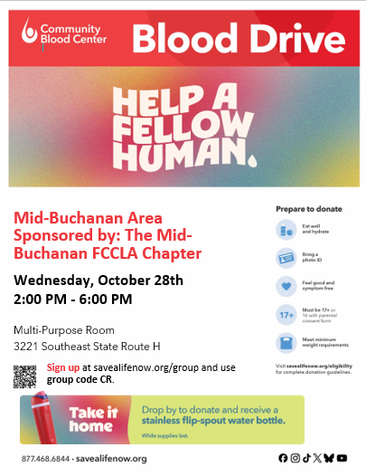 Flyer for blood drive at MBHS on 10/28/26 from 2pm-6pm in the MPR.