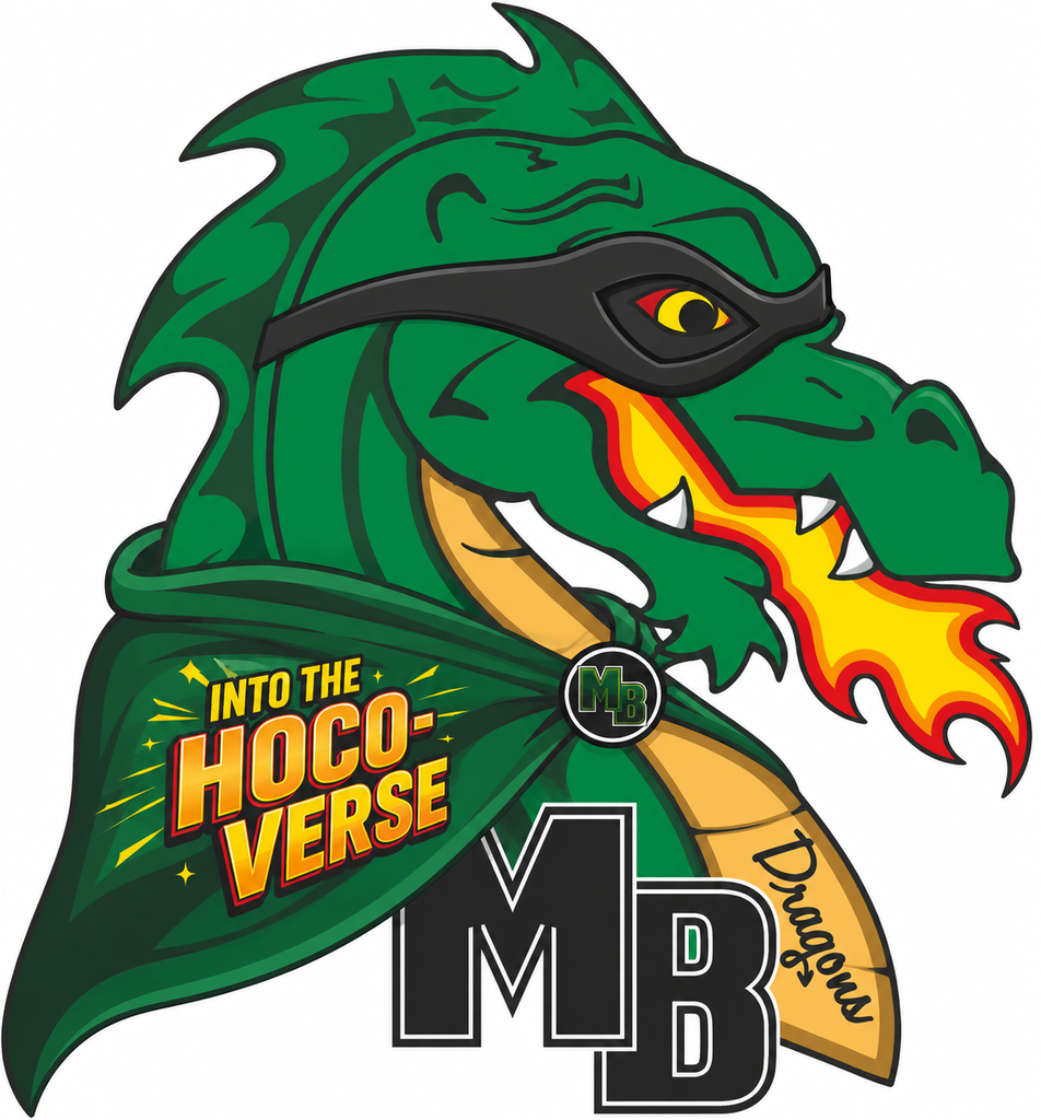 Mid-Buchanan Dragon Logo that has red and yellow flame from mouth with a black eye mask and superhero cape that says "into the Hoco-Verse"