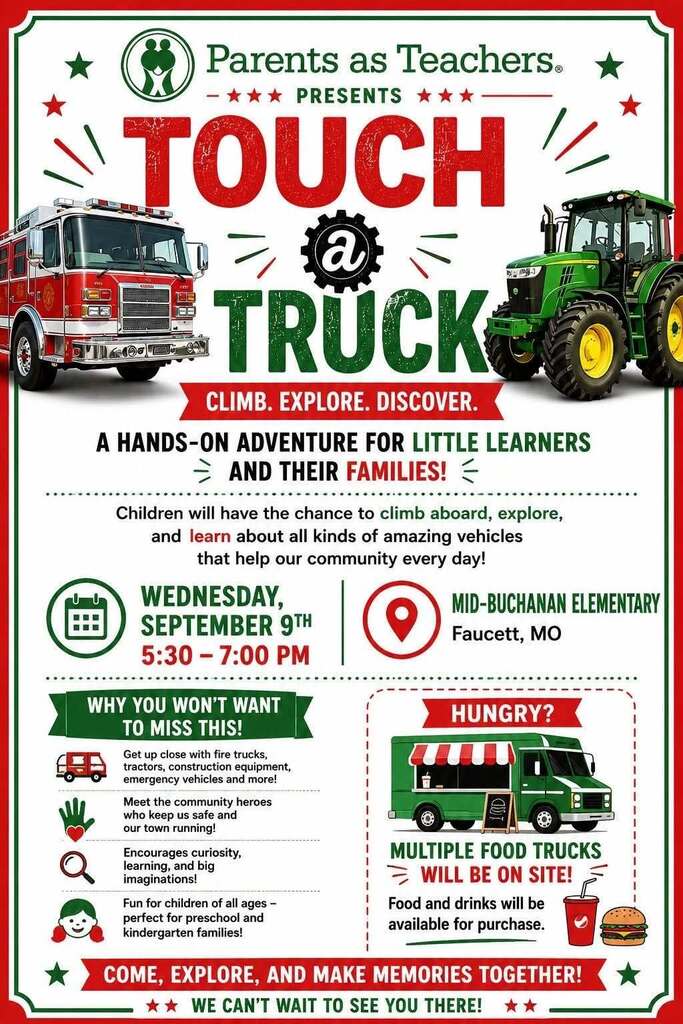 Parents as Teachers presents Touch a Truck. Wednesday Sept 9th 5:30-7:00 pm. A hands-on adventure for littler learners and their families.