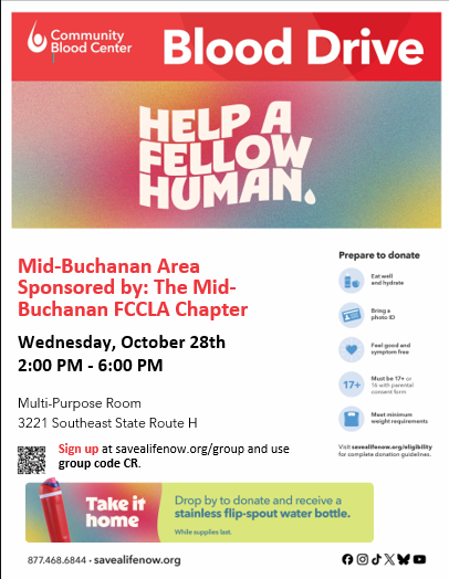 Community Blood Center Flyer - blood drive at MBHS 10-28-26 from 2-6pm