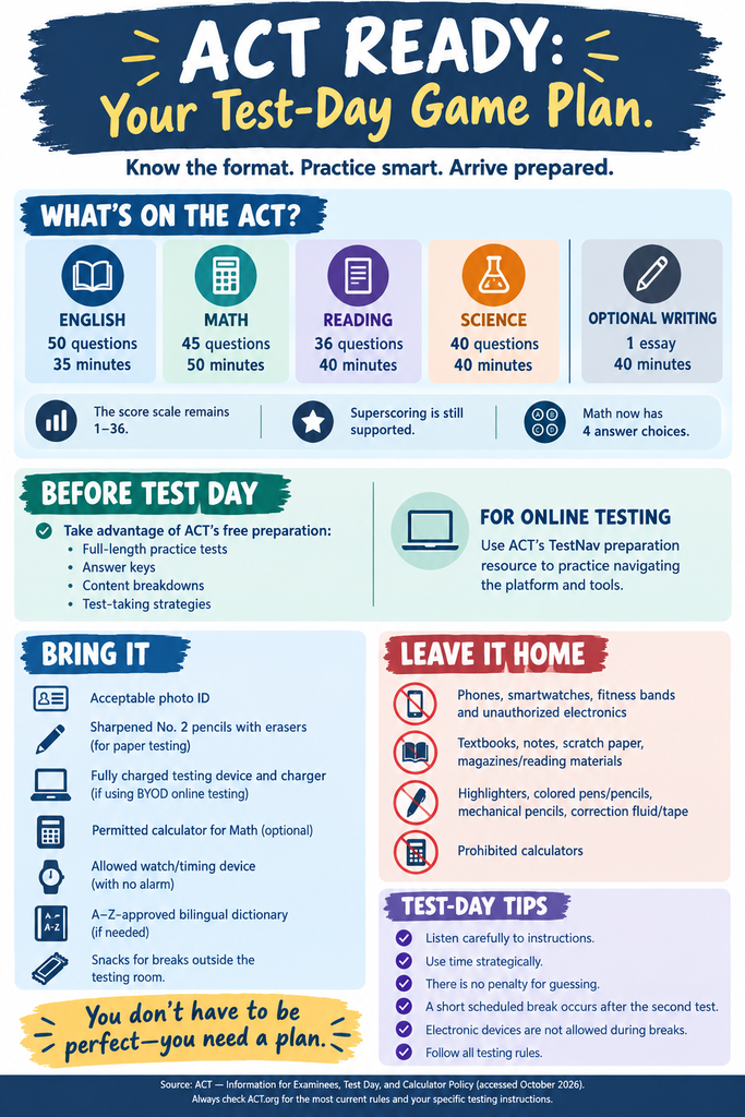 ACT Game Plan poster: what to expect for test times, preparation, what to bring and leave behind, and tips