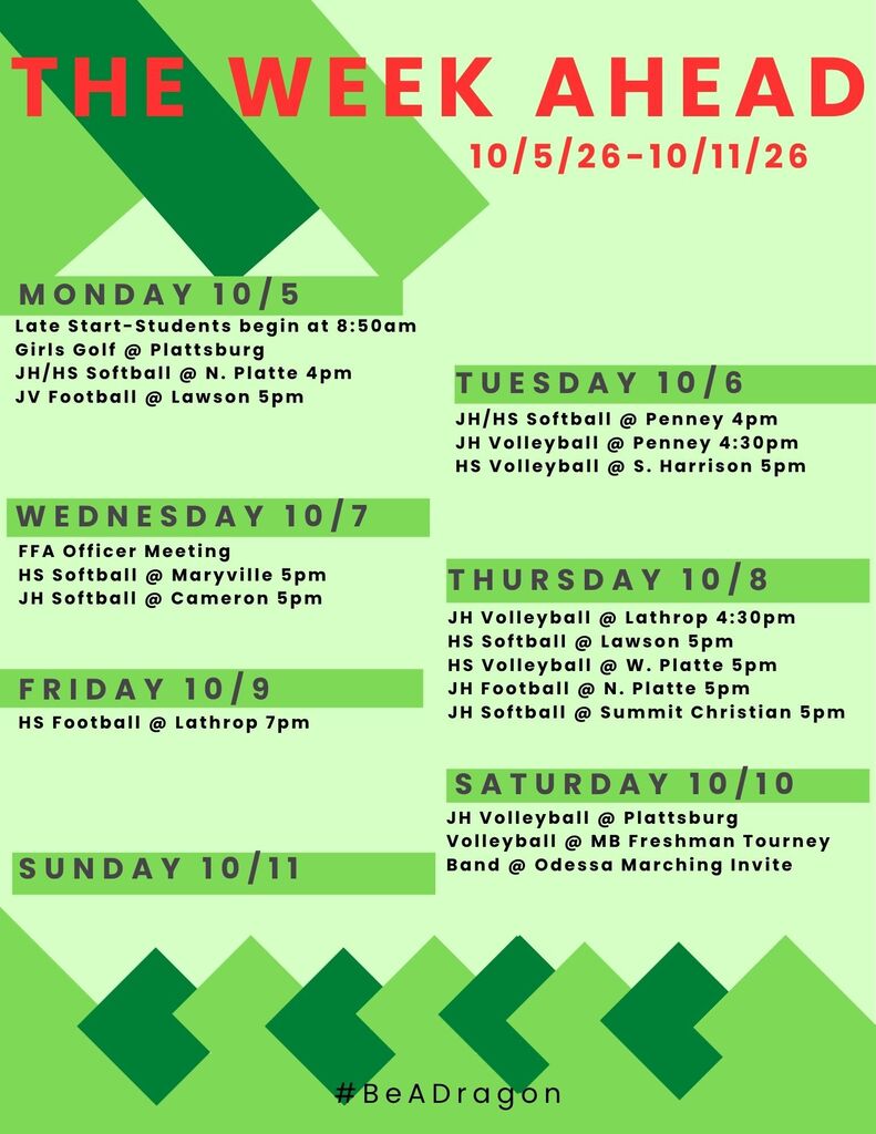 green on green flyer with schedule for the week of 10/4/26