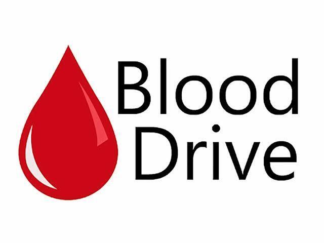 white background, red drop of blood with the words "blood drive"