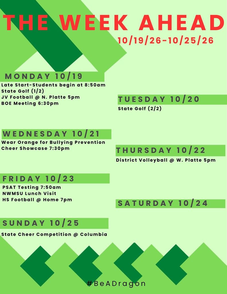 green graphic with the schedule for the week of 10/19/26 #beADragon
