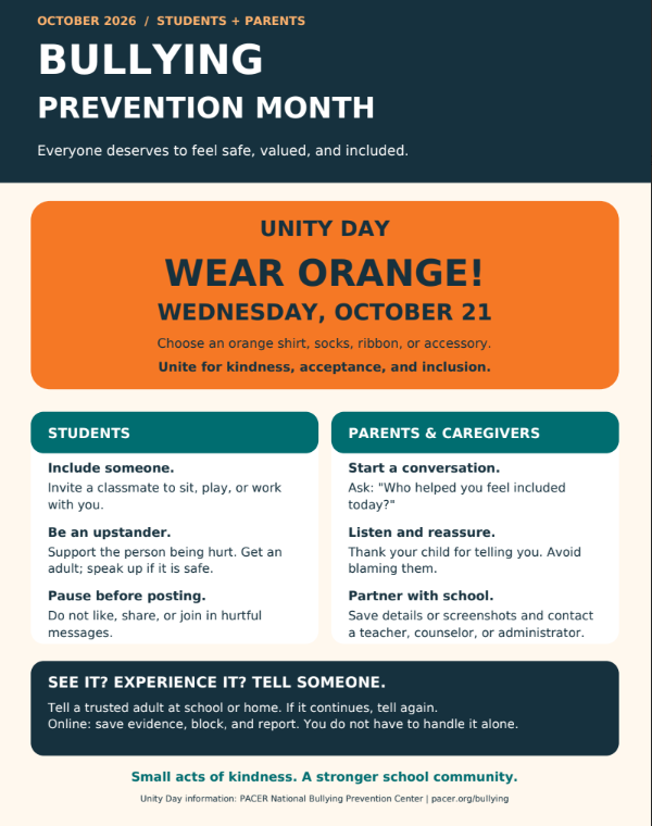 Flyer with orange banner in support or UNITY Day against bullying