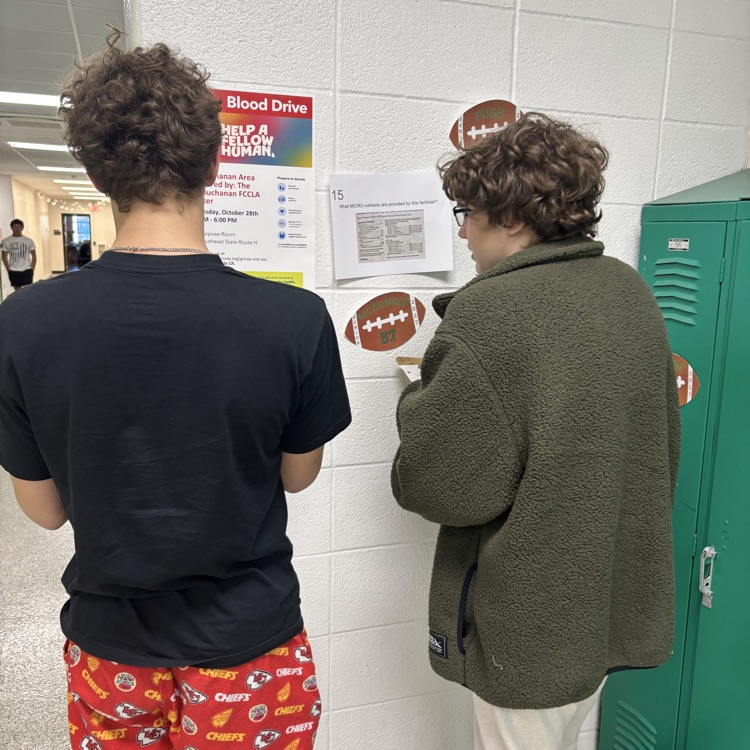 two boys analyzing a photo taped to a white wall