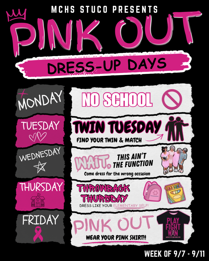 Dress Out Days; Monday No School. Twin Tuesday; Wednesday Wait This ain't the Function,; Dress Throw back Thursday; Pink Out Day