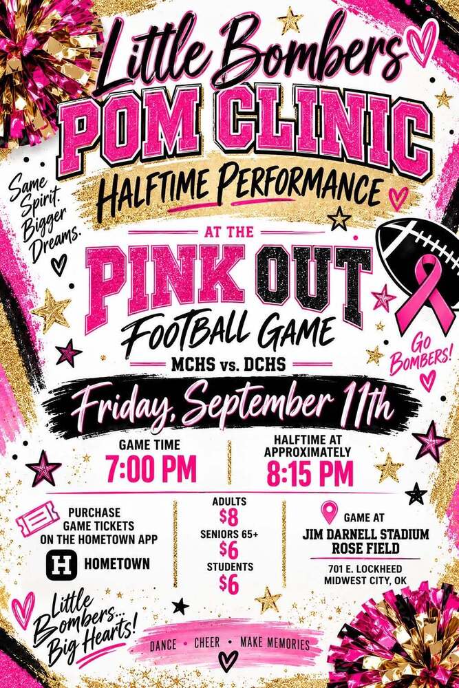 Little Bombers Pom Clinic halftime performance at the MCHS vs. DCHS Pink Out football game on Friday, September 11. Game begins at 7:00 p.m., with halftime at approximately 8:15 p.m. at Jim Darnell Stadium/Rose Field. Tickets are available through Hometown: $8 for adults and $6 for seniors 65+ and students.