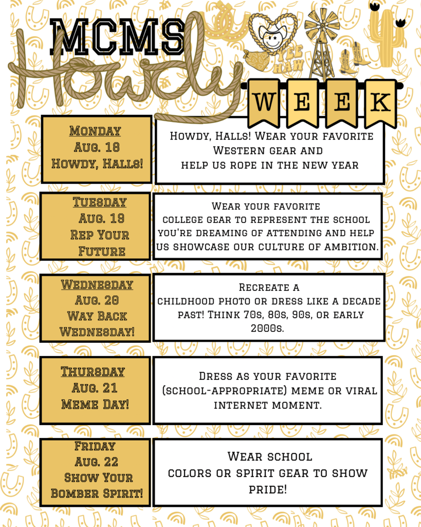 Howdy Week- western themed poster listing the dress up days