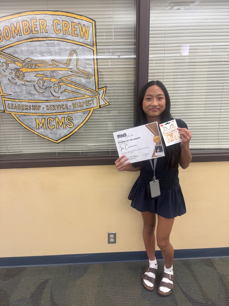 👏 7th Grade – Ira Cunanan Ira represents the values of Bomber Crew—Leadership, Service, and Respect! She leads with excellence and shows service and respect daily.
