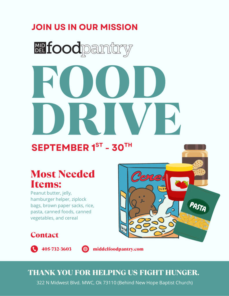 Mid-Del food pantry Food Drive flyer.