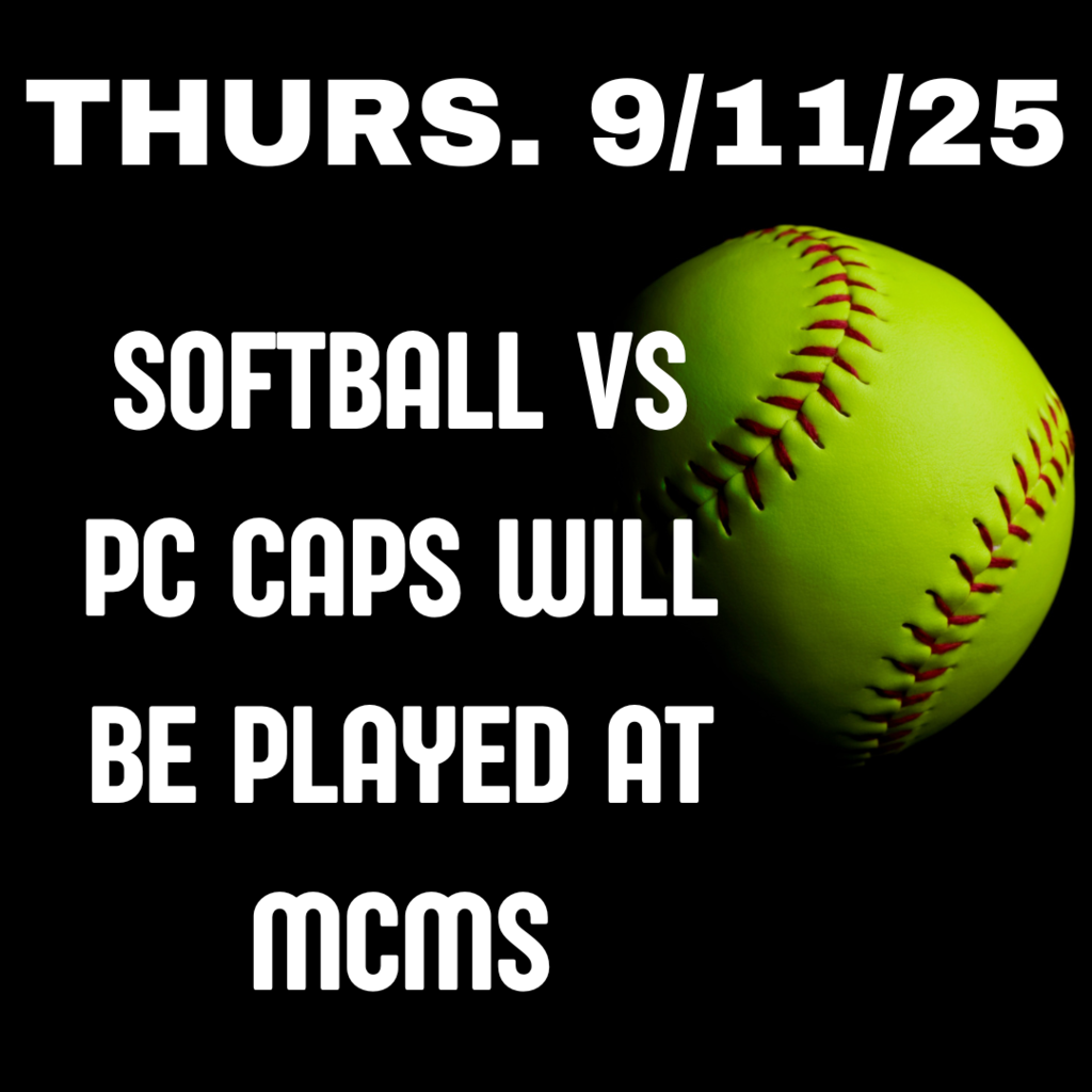 black background with a yellow softball and the words Thurs. 9/11/25 softball vs pc caps will be played at home. 