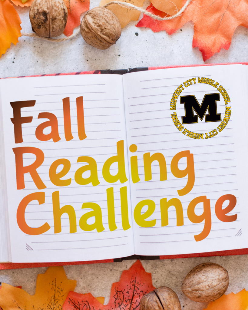 An open book with leaves and acorns around it with the words Fall Reading Challenge 