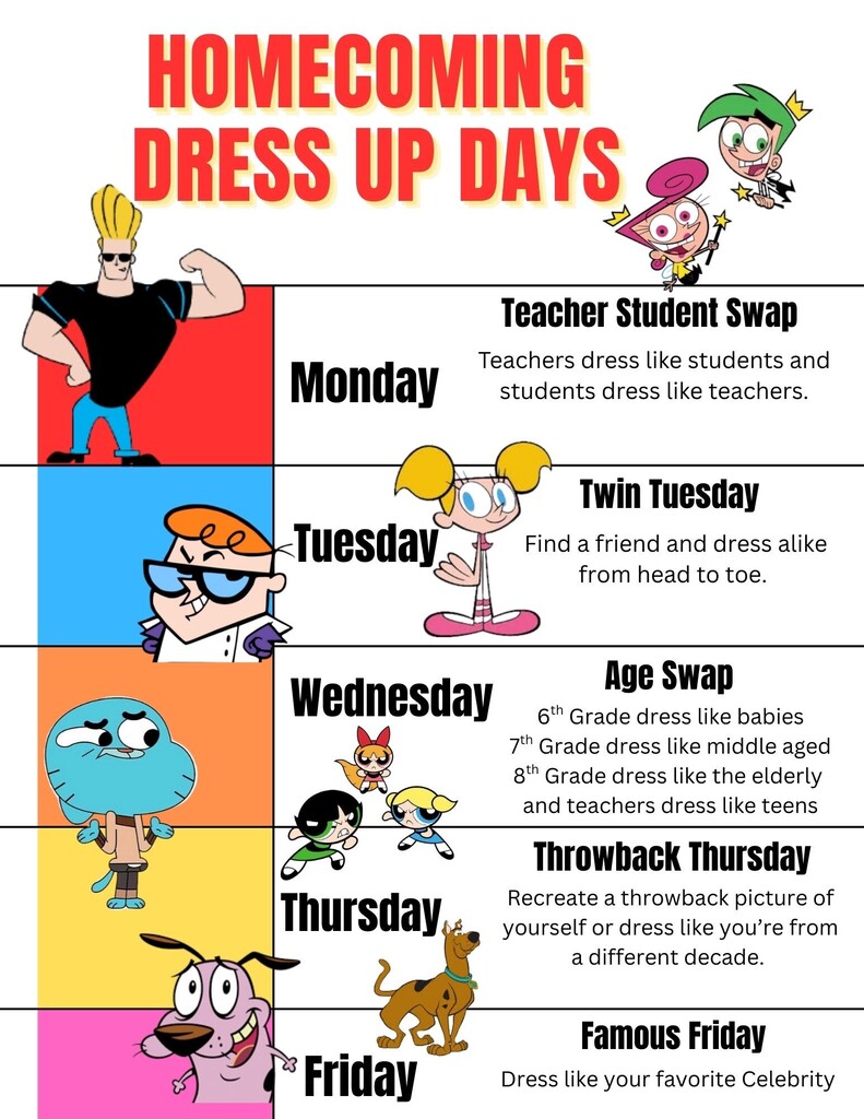 ✨💛 It’s time to show off your Bomber Spirit as we get ready for MCHS Homecoming Week! 💛✨ Join us for a week full of fun dress-up days:  👕 Monday – Teacher/Student Swap Teachers dress like students & students dress like teachers!  👯 Tuesday – Twin Tuesday Find a friend and dress alike!  👶👨👵 Wednesday – Age Swap 6th Grade: Babies 🍼 7th Grade: Middle-aged 👔 8th Grade: Elderly 👵 Teachers: Teens 🎒  📸 Thursday – Throwback Thursday Recreate a throwback picture OR dress from a past decade!  🌟 Friday – Famous Friday Dress like your favorite celebrity!  Let’s fill the halls with school spirit and have some fun leading up to Homecoming! 🎉