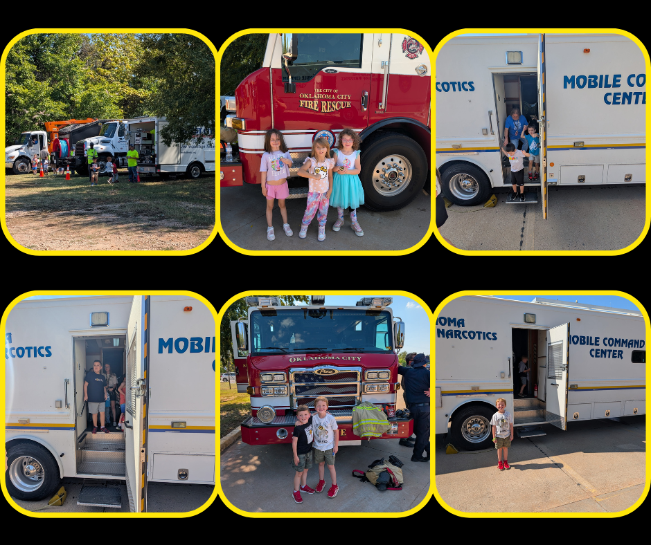 Pictures of students at the Touch A Truck event.