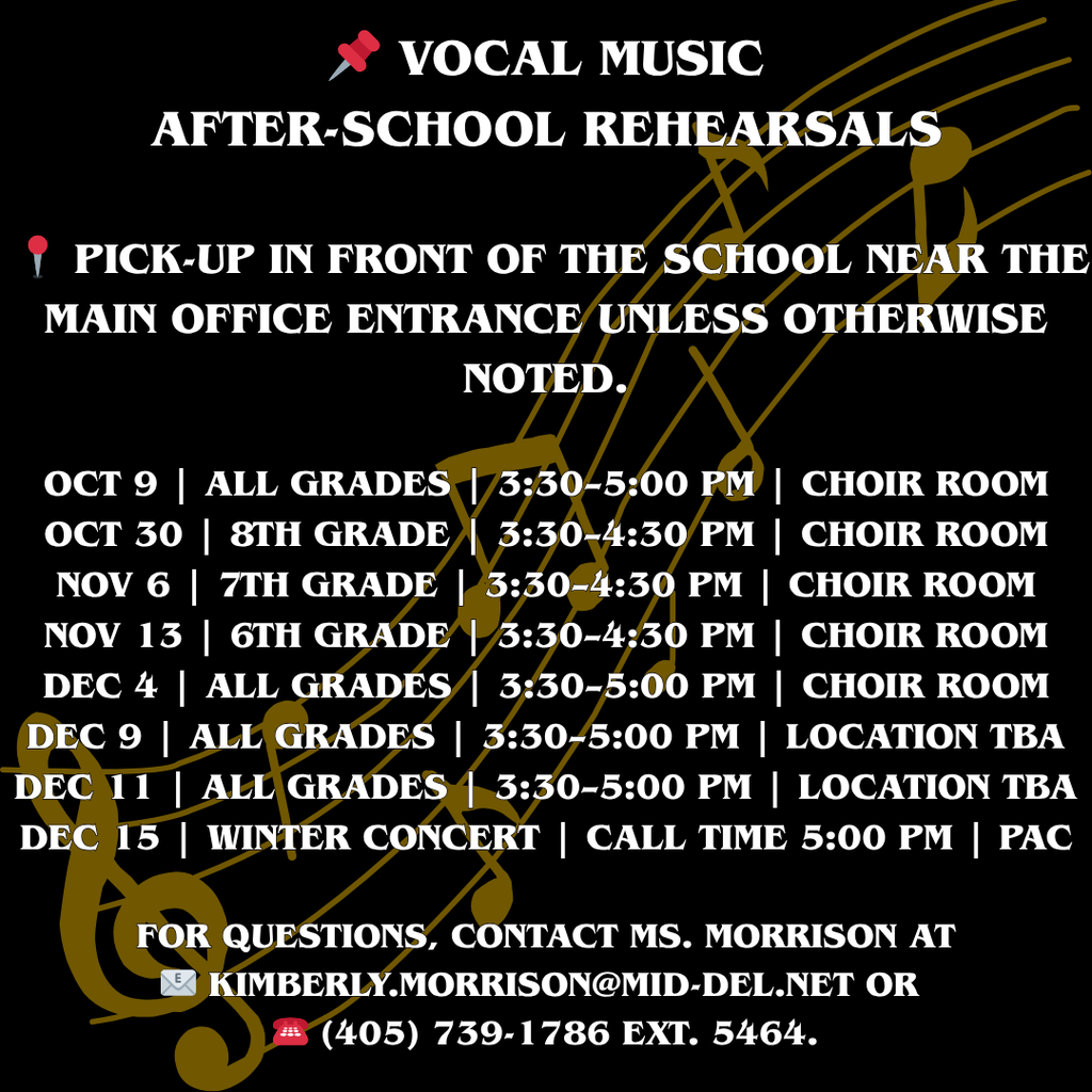 List of dates for vocal music after-school rehearsals
