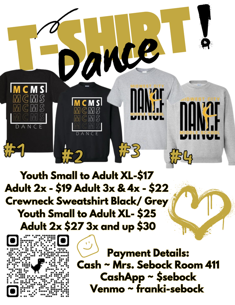 🖤 T-Shirts (Youth Small–Adult XL: $17 | 2X: $19 | 3X–4X: $22) 💛 Crewneck Sweatshirts in black or grey (Youth Small–Adult XL: $25 | 2X: $27 | 3X and up: $30) You can order here 👉 https://docs.google.com/forms/d/1OIRegHRX75-BlxHHbSj-Nn3tmXi5eYg9R08jAL4ixmo/viewform?edit_requested=true Payment Options: 💵 Cash — Mrs. Sebock (Room 411) 💲 CashApp — $sebock 💸 Venmo — franki-sebock