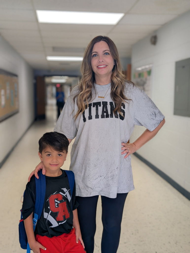 Pictures of students and staff wearing Titan and Mid-Del shirts.