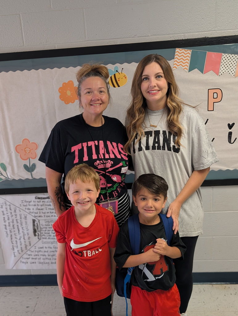 Pictures of students and staff wearing Titan and Mid-Del shirts.