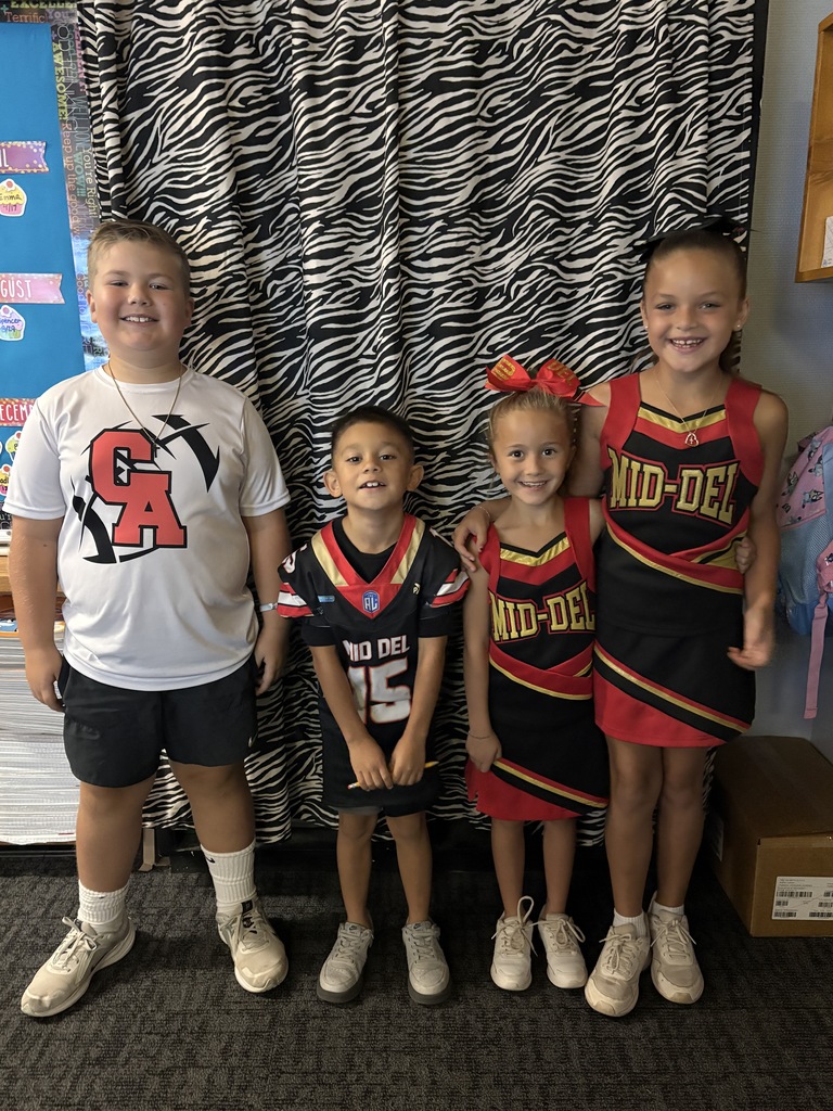 Pictures of students and staff wearing Titan and Mid-Del shirts.