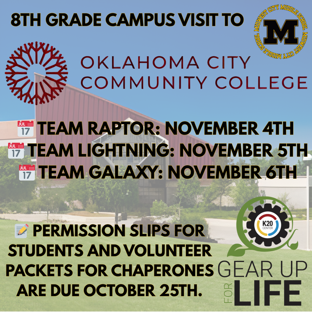 a picture of Oklahoma City Community College with dates of the visits