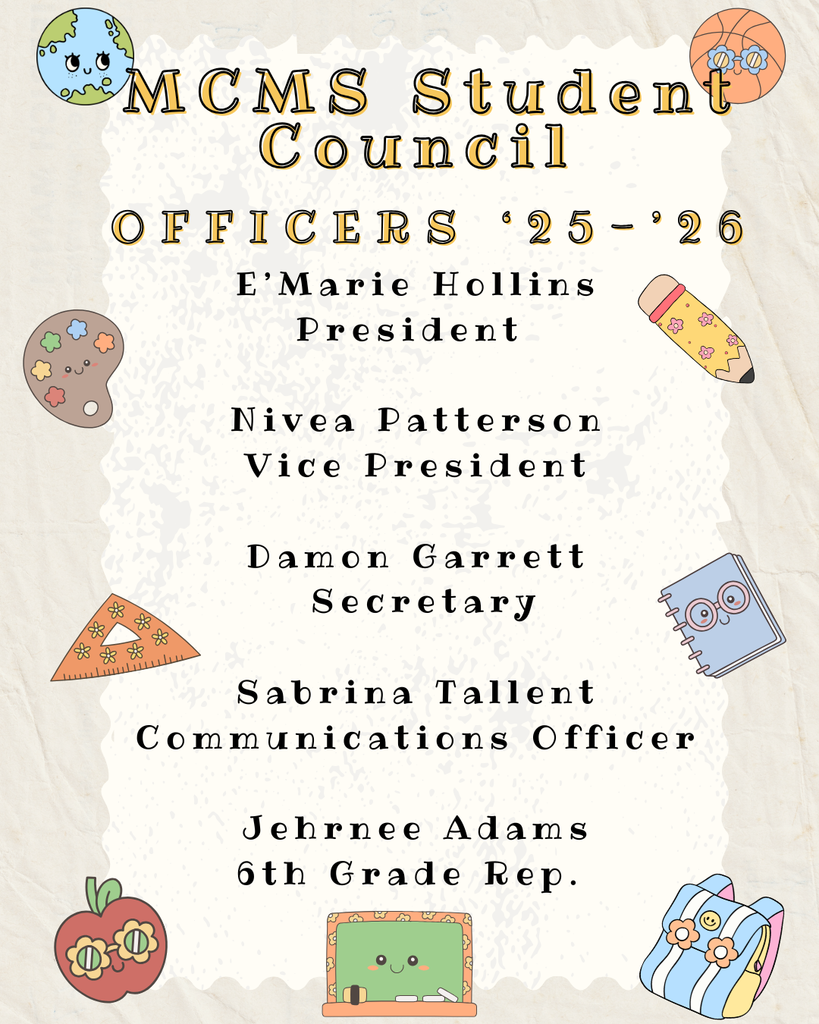 🎉💛🖤 Congratulations to our 2025–2026 Student Council Members! 💛🖤🎉 We’re so proud to announce this year’s leaders who will represent our Bombers with pride and dedication: ✨ President: E’Marie Hollins ✨ Vice President: Nivea Patterson ✨ Secretary: Damon Garrett ✨ Communications Officer: Sabrina Tallent ✨ 6th Grade Representative: Jehrnee Adams We can’t wait to see all the great things you’ll accomplish this year as you lead the Bomber community the Bomber Way! 🚀