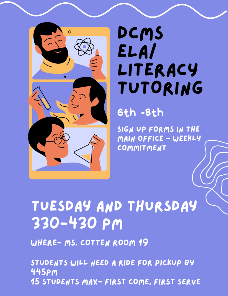 Attention Parents and Guardians! Del City Middle School is offering in house ELA/Literacy and Math tutoring. Sign ups need to be turned by Monday mornings!