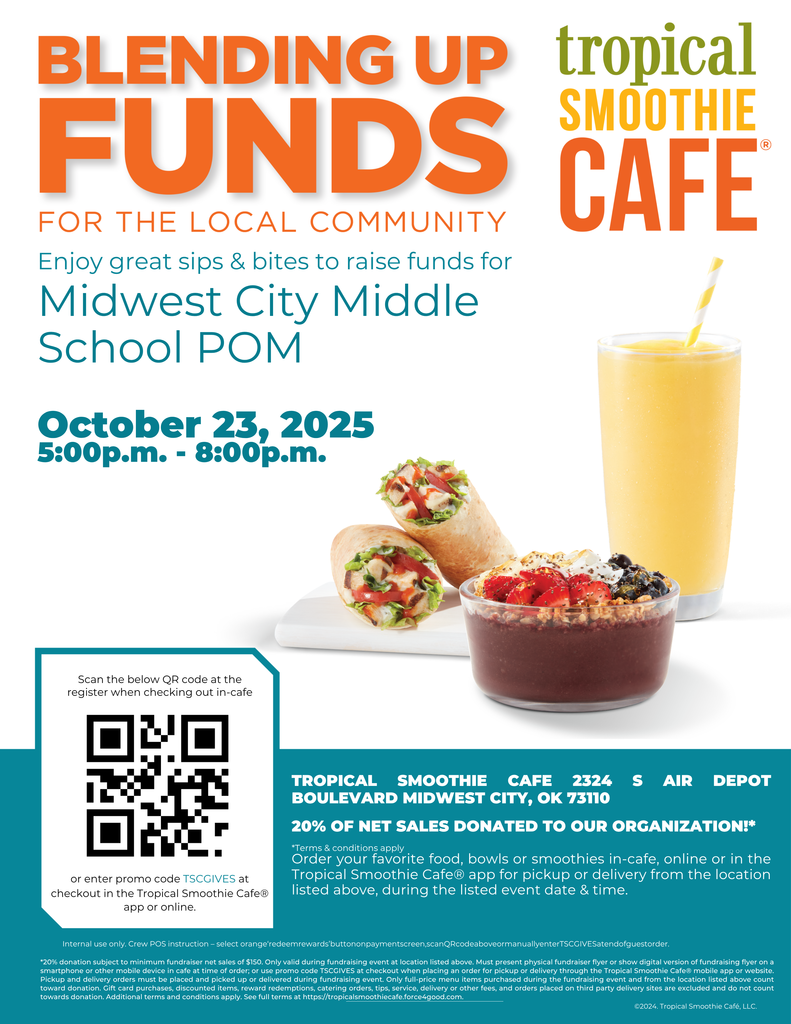Help support POM at Tropical Smoothie Cafe 10/23/25 from 5-8 PM