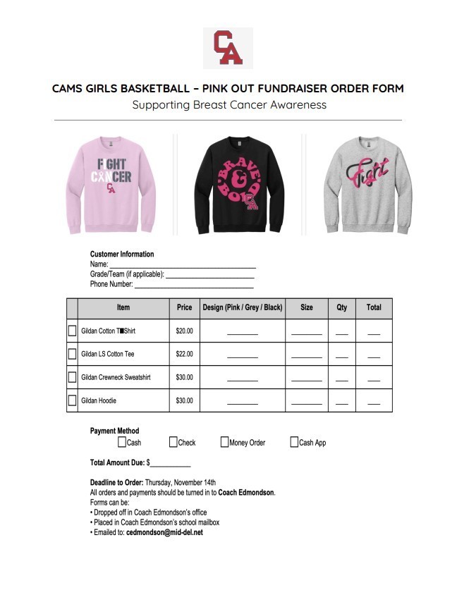 CAMS Basketball Pink out shirts