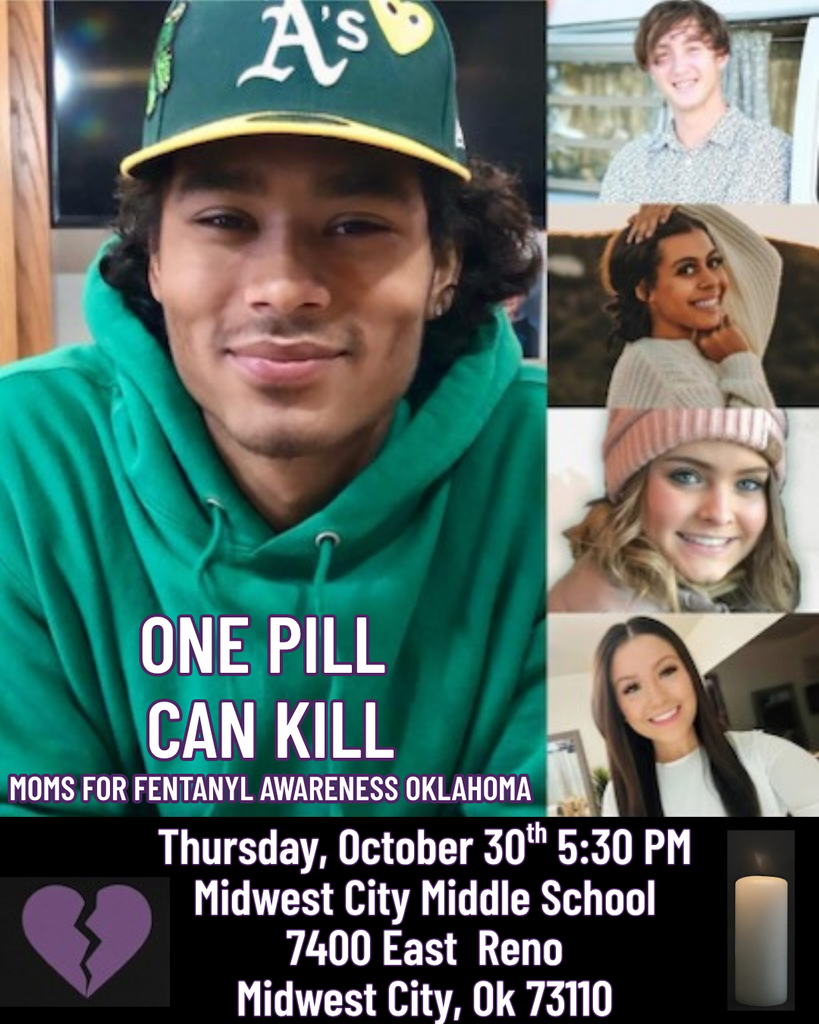 Pictures of 4 teenagers with the words One Pill Can Kill- Moms for fentanyl awareness Oklahoma